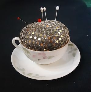 Teacup pin cushion gold